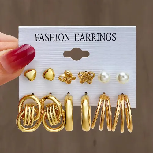 6 Pairs Golden Beauty Hoop Earrings Set 